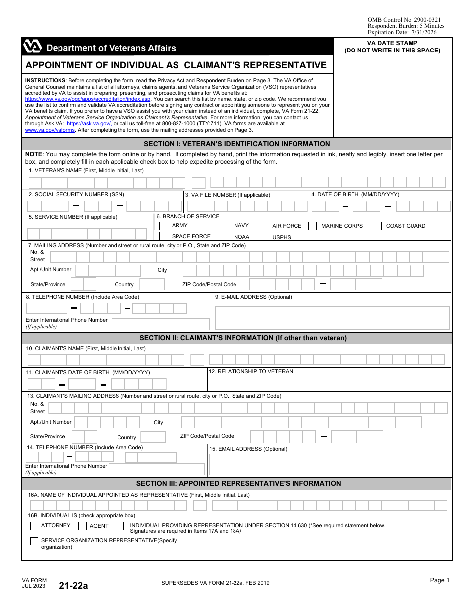 VA Form 21-22A Appointment of Individual as Claimants Representative, Page 1