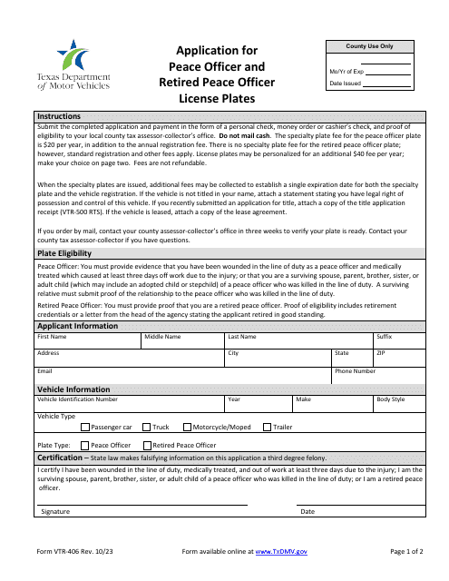 Form VTR-406 Application for Peace Officer and Retired Peace Officer License Plates - Texas