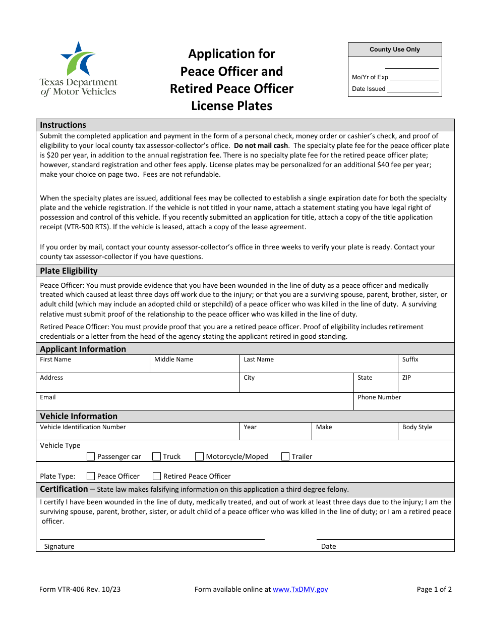 Form VTR-406 Application for Peace Officer and Retired Peace Officer License Plates - Texas, Page 1