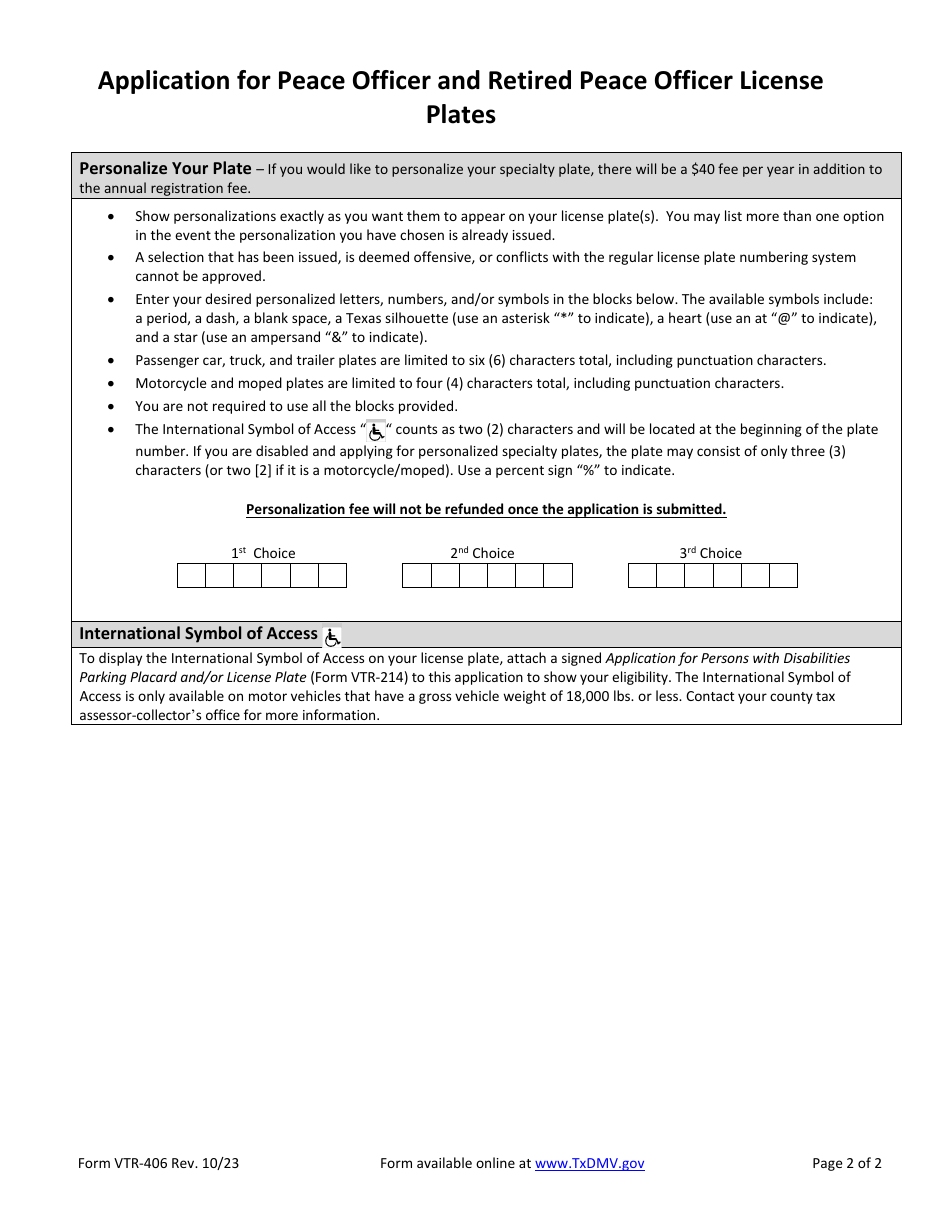 Form VTR-406 Application for Peace Officer and Retired Peace Officer License Plates - Texas, Page 2
