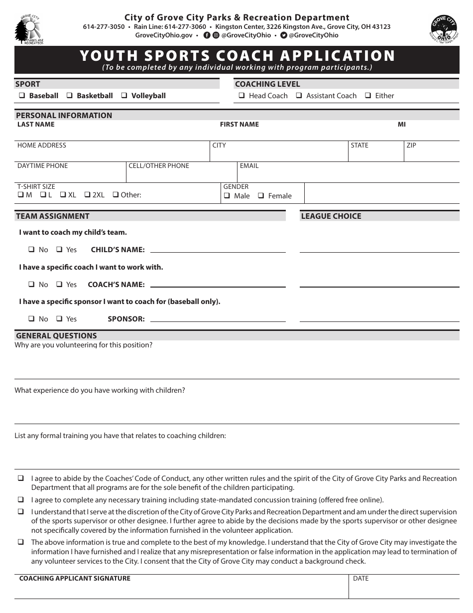 Youth Sports Coach Application - Grove City, Ohio, Page 1
