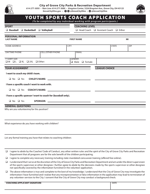 Youth Sports Coach Application - Grove City, Ohio Download Pdf