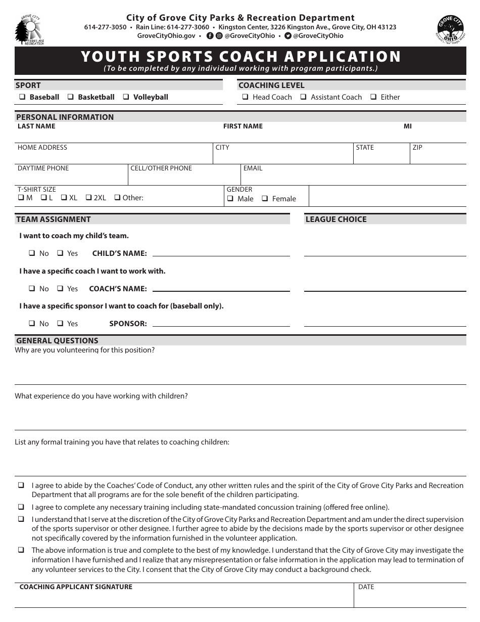 Grove City, Ohio Youth Sports Coach Application - Fill Out, Sign Online ...