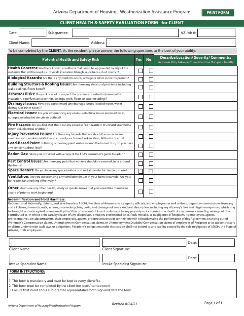 Client Health & Safety Evaluation Form - for Client - Weatherization Assistance Program - Arizona Download Pdf