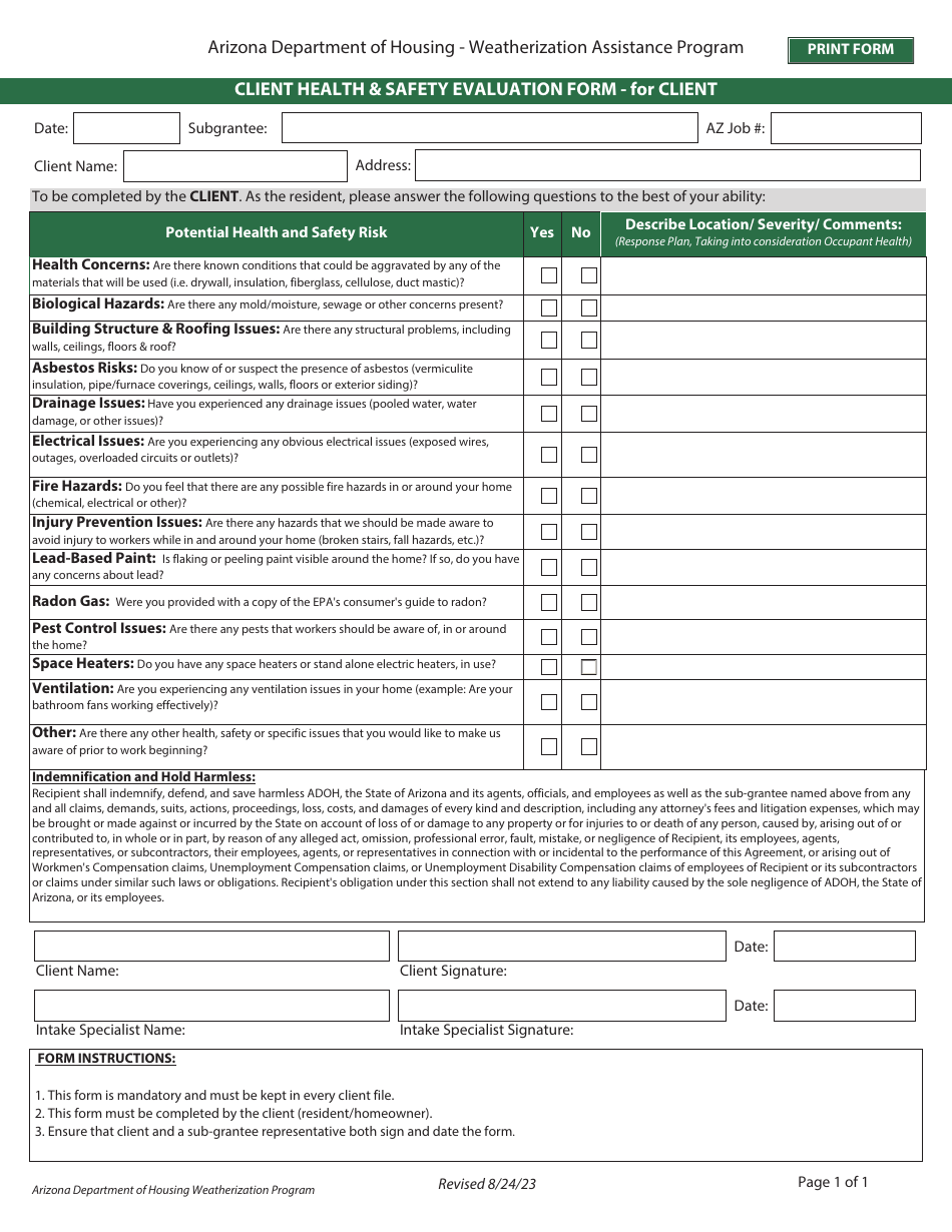 Client Health  Safety Evaluation Form - for Client - Weatherization Assistance Program - Arizona, Page 1