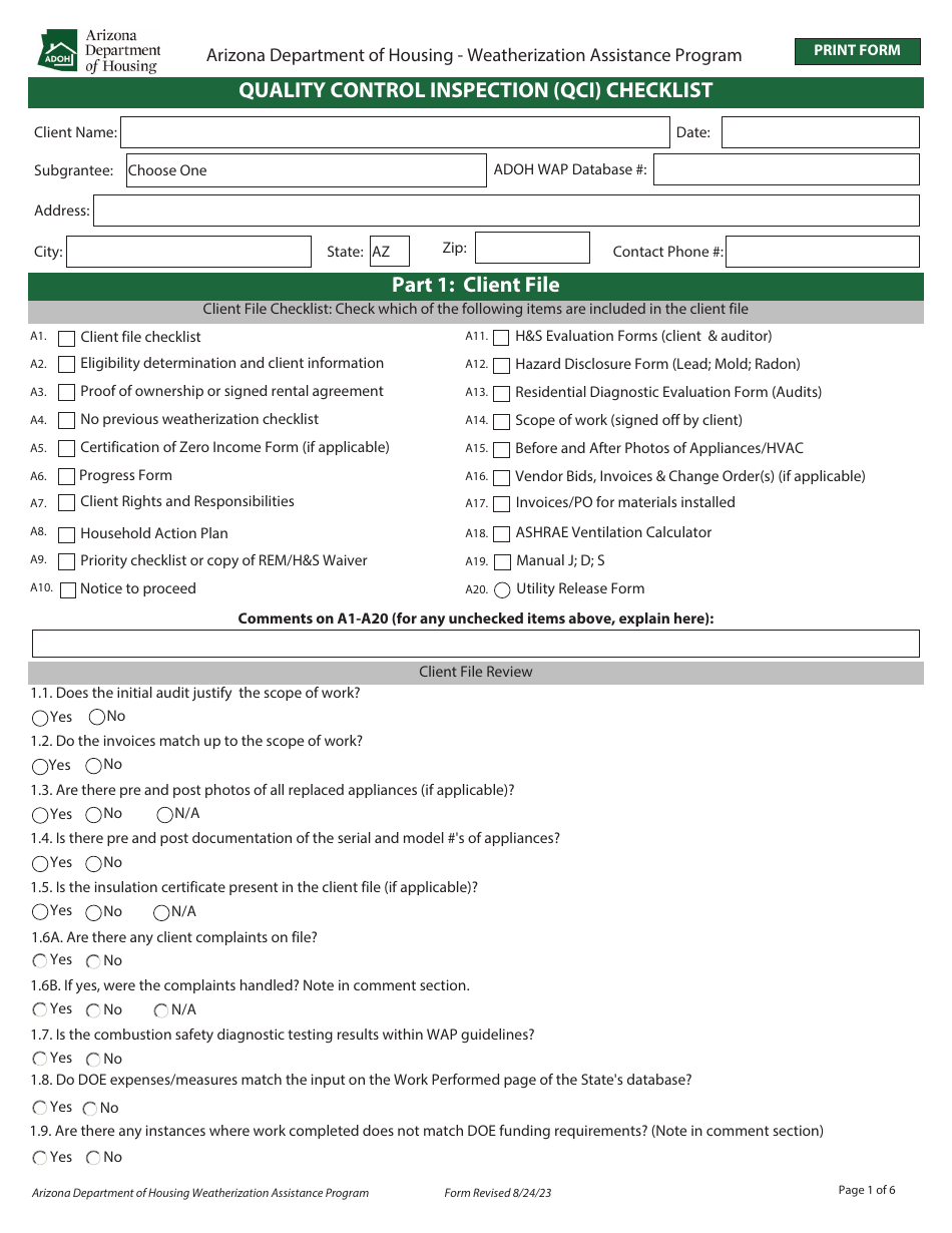Quality Control Inspection (Qci) Checklist - Weatherization Assistance Program - Arizona, Page 1