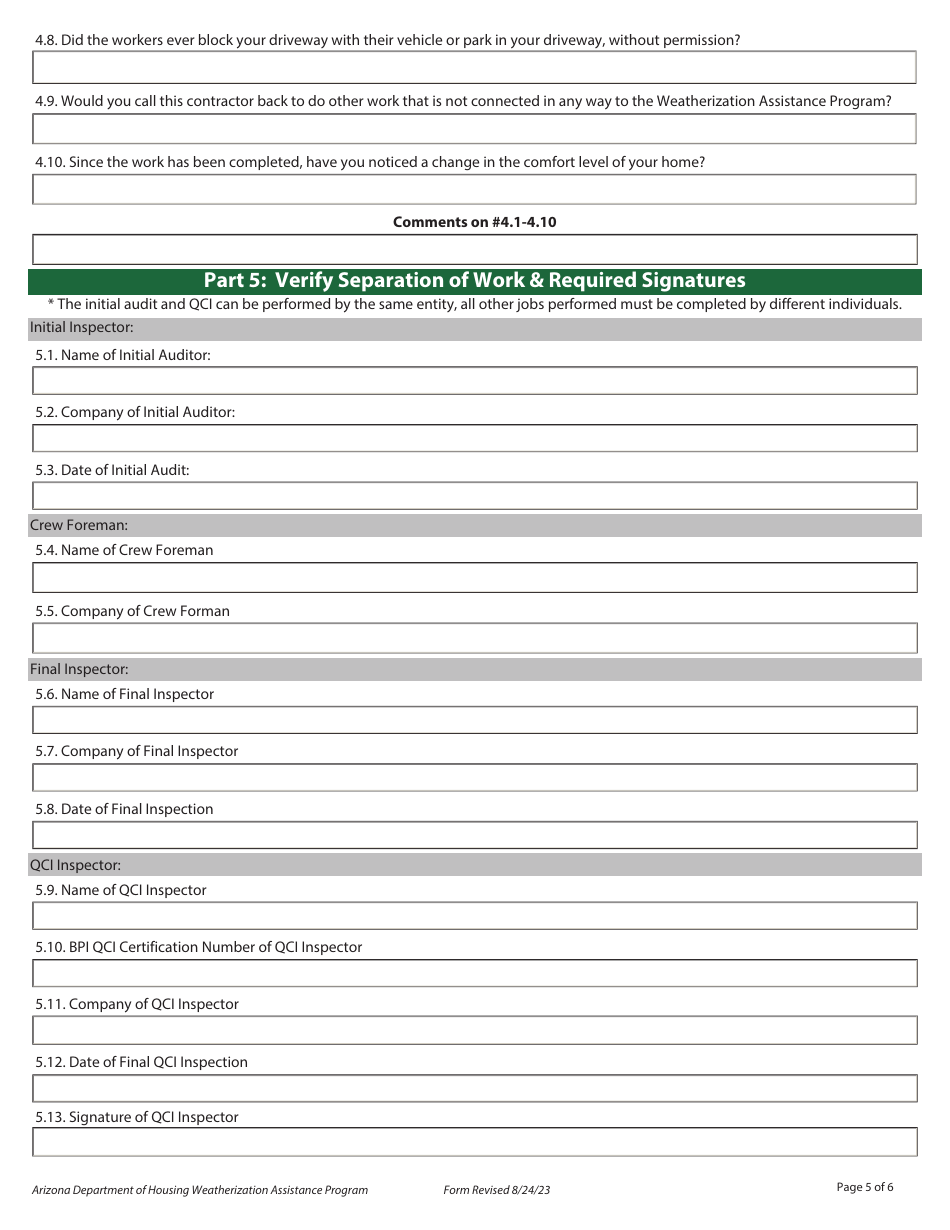 Quality Control Inspection (Qci) Checklist - Weatherization Assistance Program - Arizona, Page 5