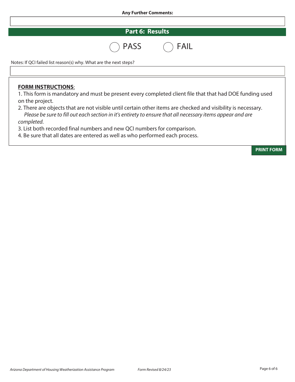 Quality Control Inspection (Qci) Checklist - Weatherization Assistance Program - Arizona, Page 6
