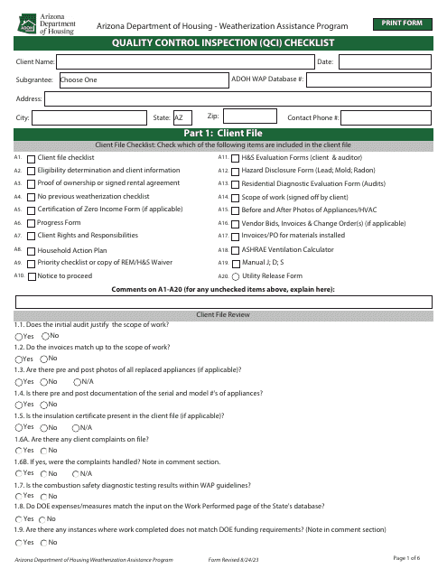 Quality Control Inspection (Qci) Checklist - Weatherization Assistance Program - Arizona Download Pdf