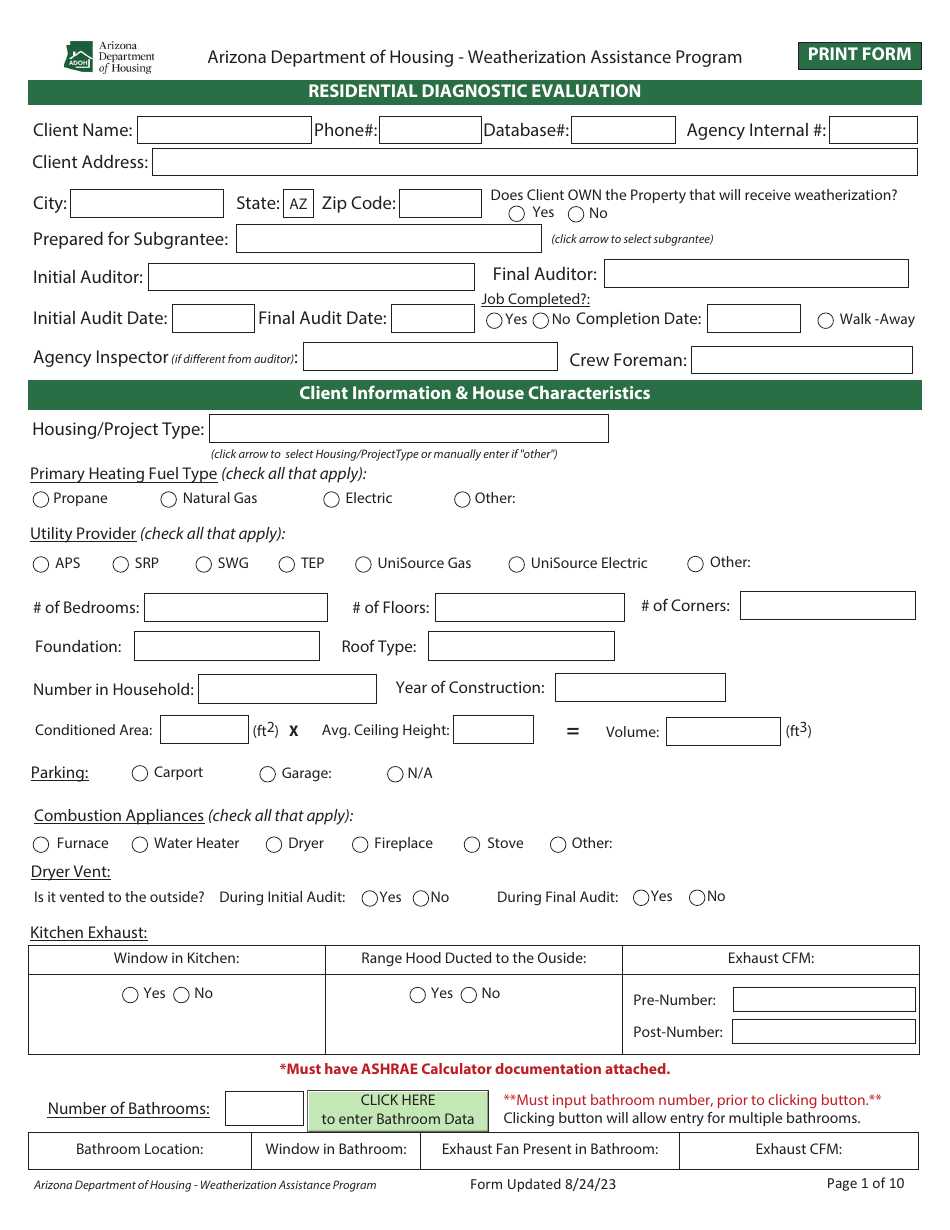 Residential Diagnostic Evaluation - Weatherization Assistance Program - Arizona, Page 1