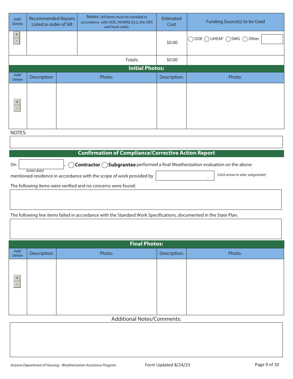 Residential Diagnostic Evaluation - Weatherization Assistance Program - Arizona, Page 9
