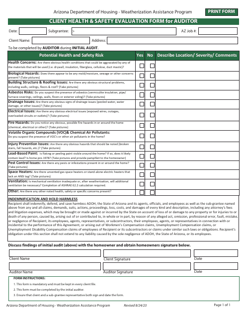 Client Health & Safety Evaluation Form for Auditor - Weatherization Assistance Program - Arizona