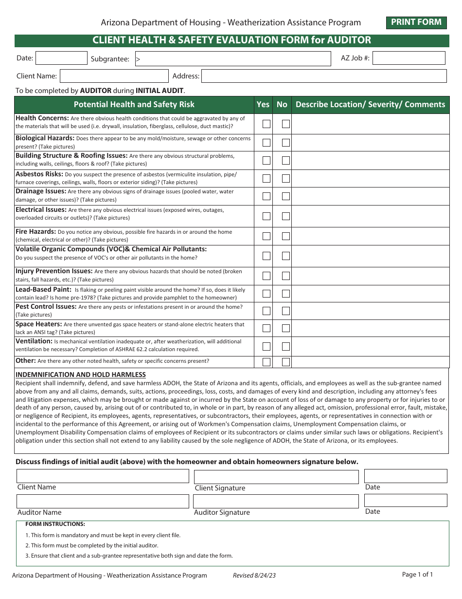 Client Health  Safety Evaluation Form for Auditor - Weatherization Assistance Program - Arizona, Page 1