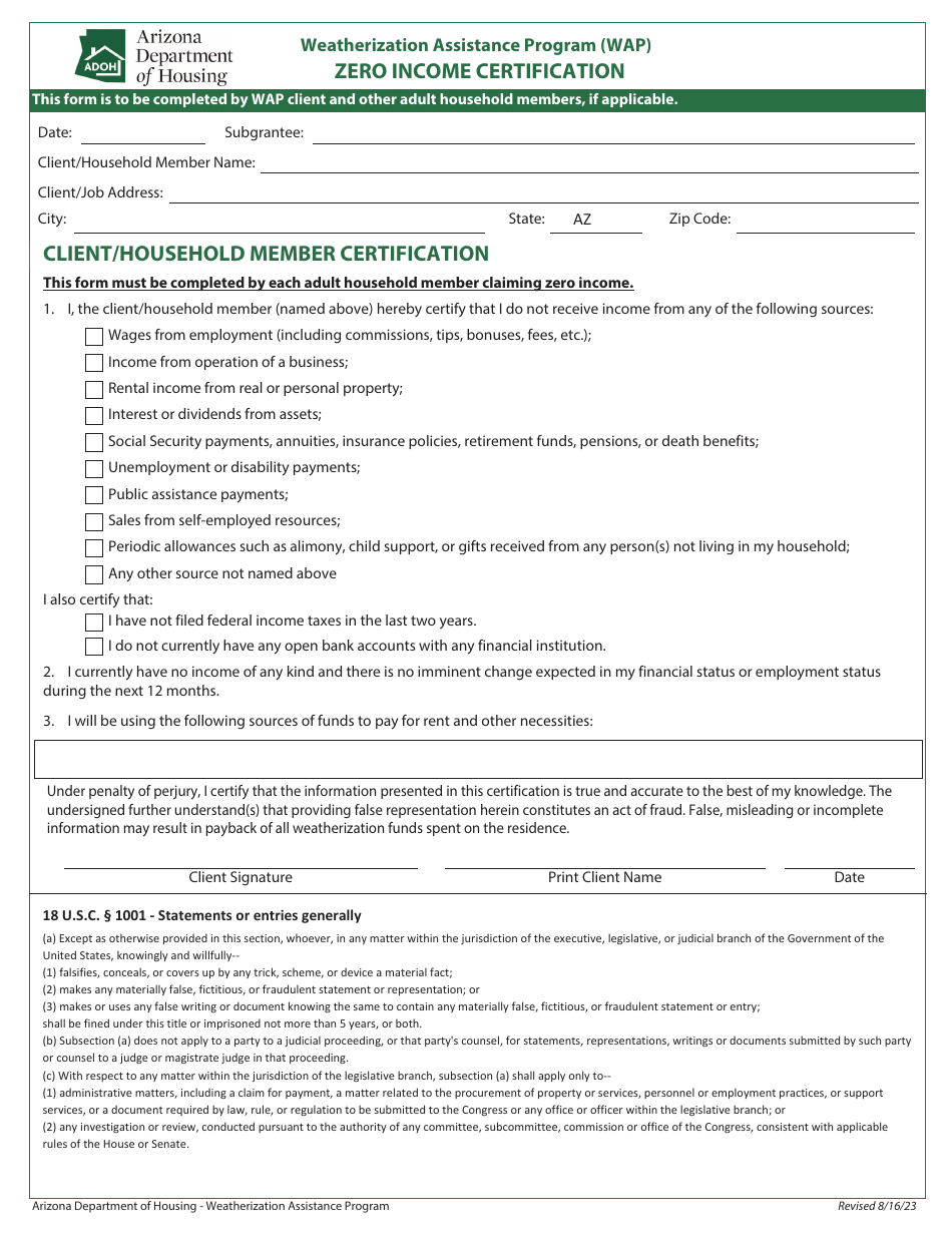 Zero Income Certification - Weatherization Assistance Program - Arizona, Page 1