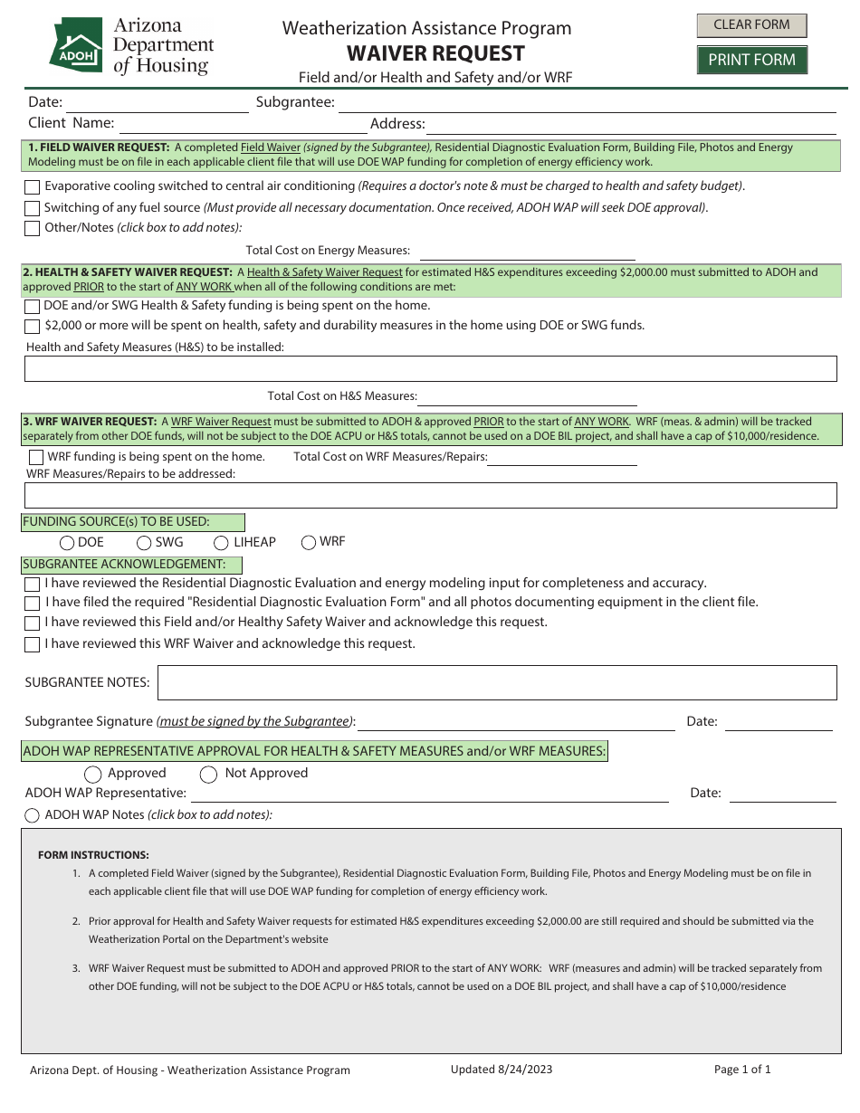 Waiver Request - Field and / or Health and Safety and / or Wrf - Weatherization Assistance Program - Arizona, Page 1