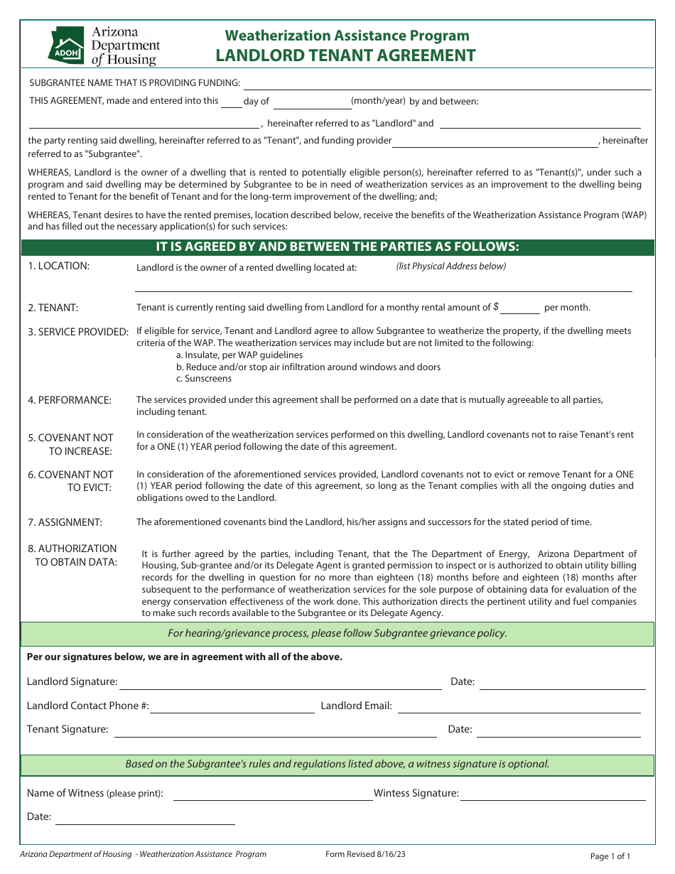 Landlord Tenant Agreement - Weatherization Assistance Program - Arizona, Page 1