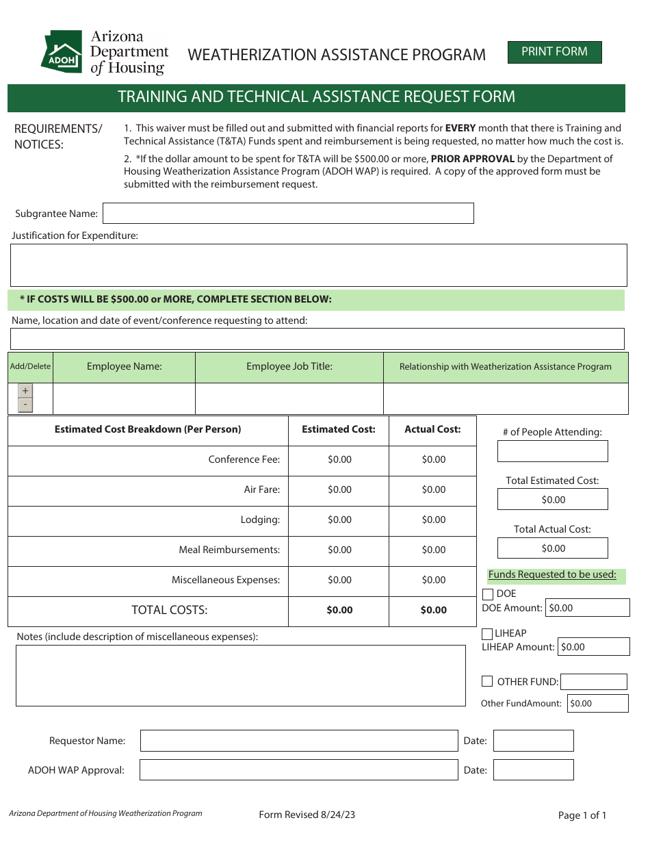 Training and Technical Assistance Request Form - Weatherization Assistance Program - Arizona, Page 1