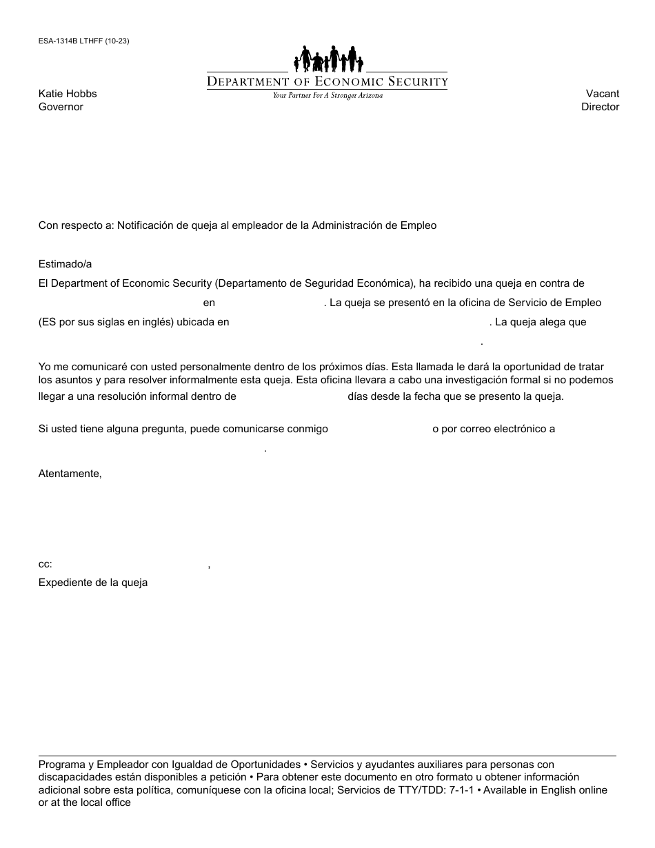 Formulario ESA-1314B-S Notificacion De Queja Al Empleador - Arizona (Spanish), Page 1