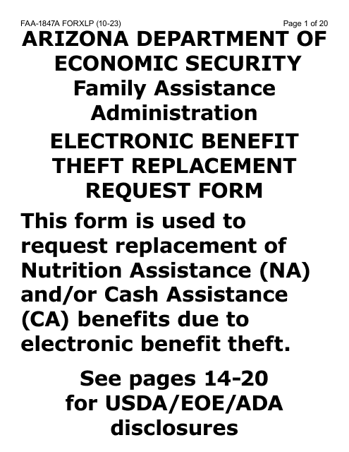 Form FAA-1847A-XLP Electronic Benefit Theft Replacement Request Form - Extra Large Print - Arizona