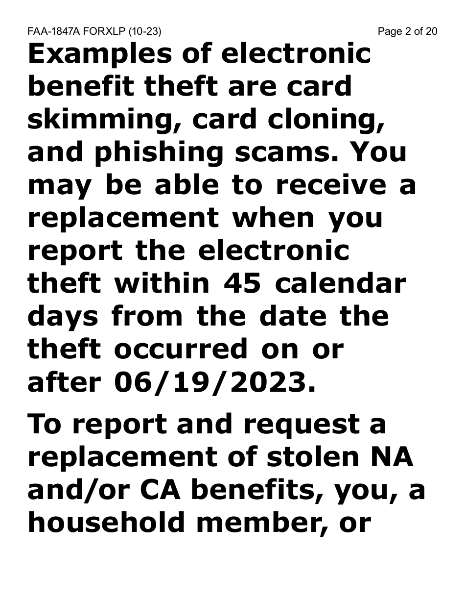 Form FAA-1847A-XLP Electronic Benefit Theft Replacement Request Form - Extra Large Print - Arizona, Page 2