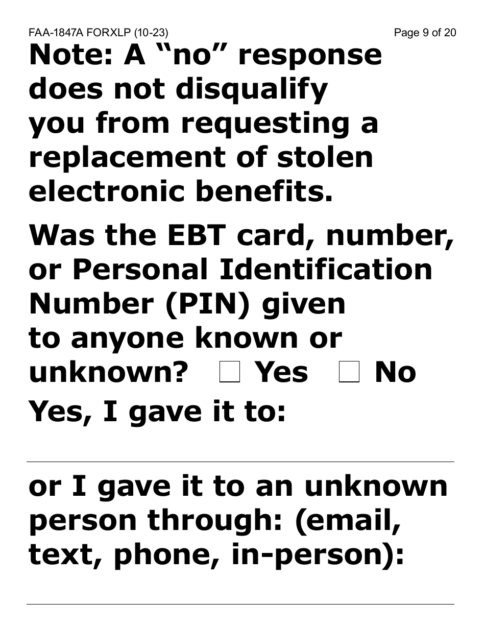Form FAA-1847A-XLP Electronic Benefit Theft Replacement Request Form - Extra Large Print - Arizona, Page 9
