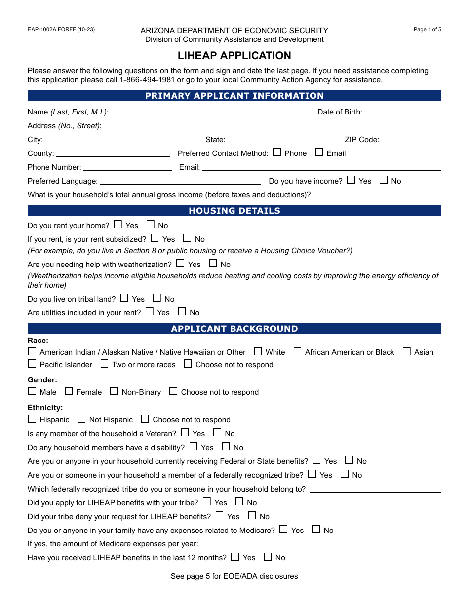 Form EAP-1002A Liheap Application - Arizona, Page 1