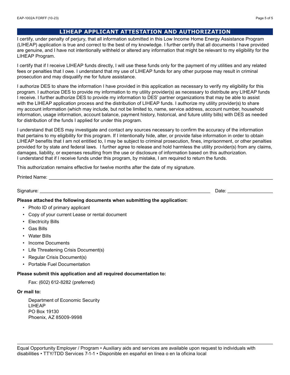 Form Eap 1002a Download Fillable Pdf Or Fill Online Liheap Application Arizona 2023 — 2024 0544