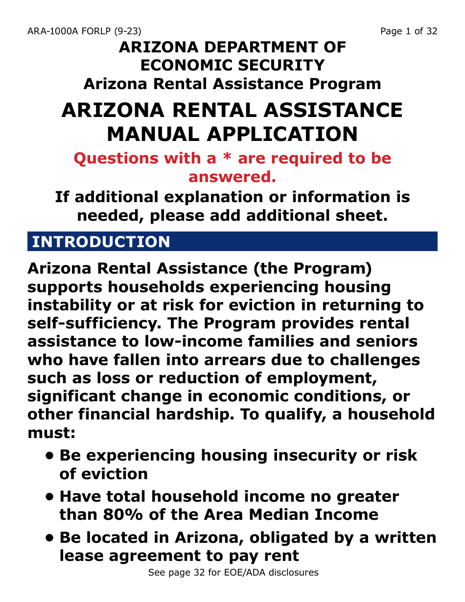 Form ARA-1000A-LP Arizona Rental Assistance Manual Application - Arizona Rental Assistance Program - Large Print - Arizona, Page 1