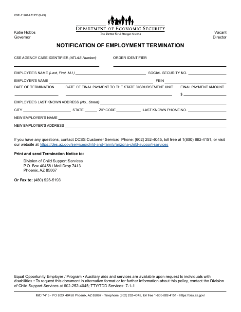 Form CSE-1196A Notification of Employment Termination - Arizona