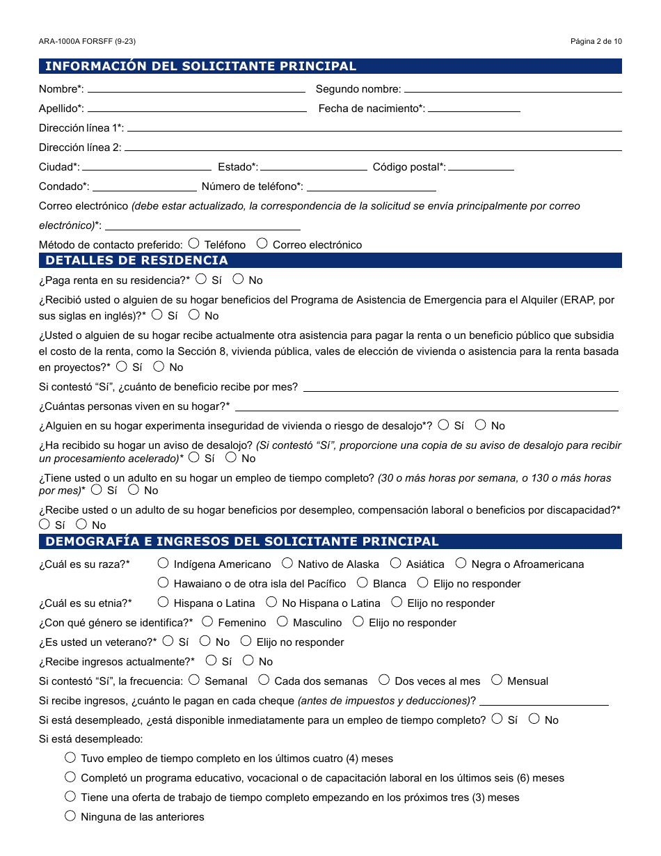 Formulario ARA-1000A-S Solicitud Manual De Asistencia Para La Renta En Arizona - Arizona (Spanish), Page 2