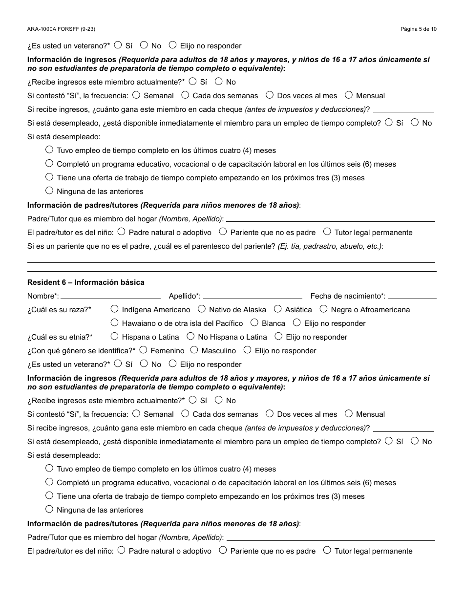 Formulario ARA-1000A-S Solicitud Manual De Asistencia Para La Renta En Arizona - Arizona (Spanish), Page 5