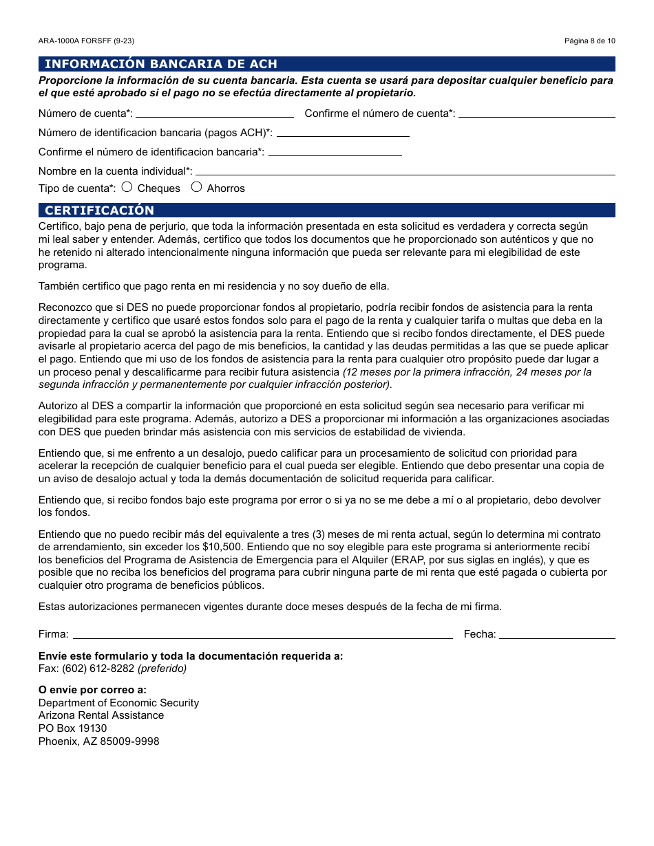 Formulario ARA-1000A-S Solicitud Manual De Asistencia Para La Renta En Arizona - Arizona (Spanish), Page 8