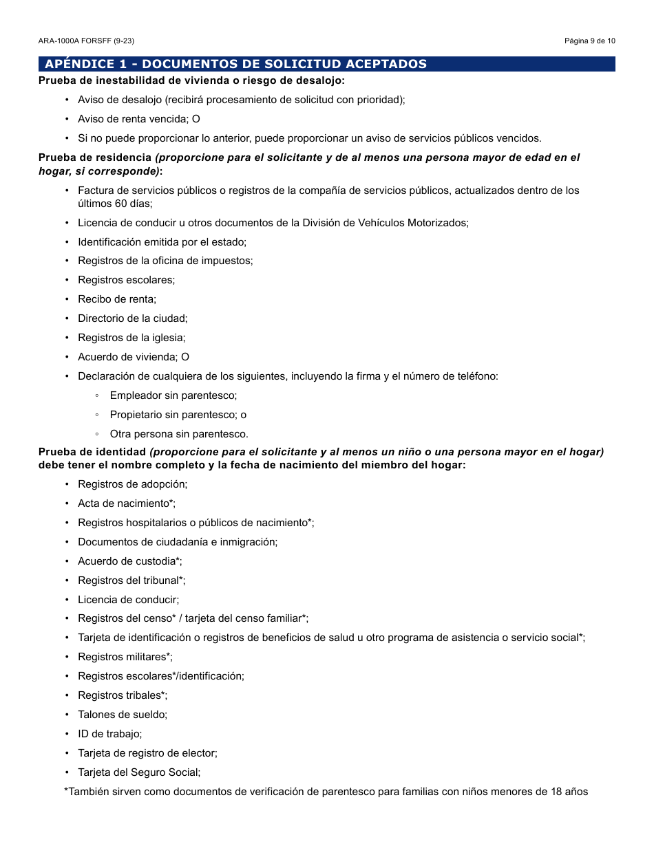 Formulario ARA-1000A-S Solicitud Manual De Asistencia Para La Renta En Arizona - Arizona (Spanish), Page 9