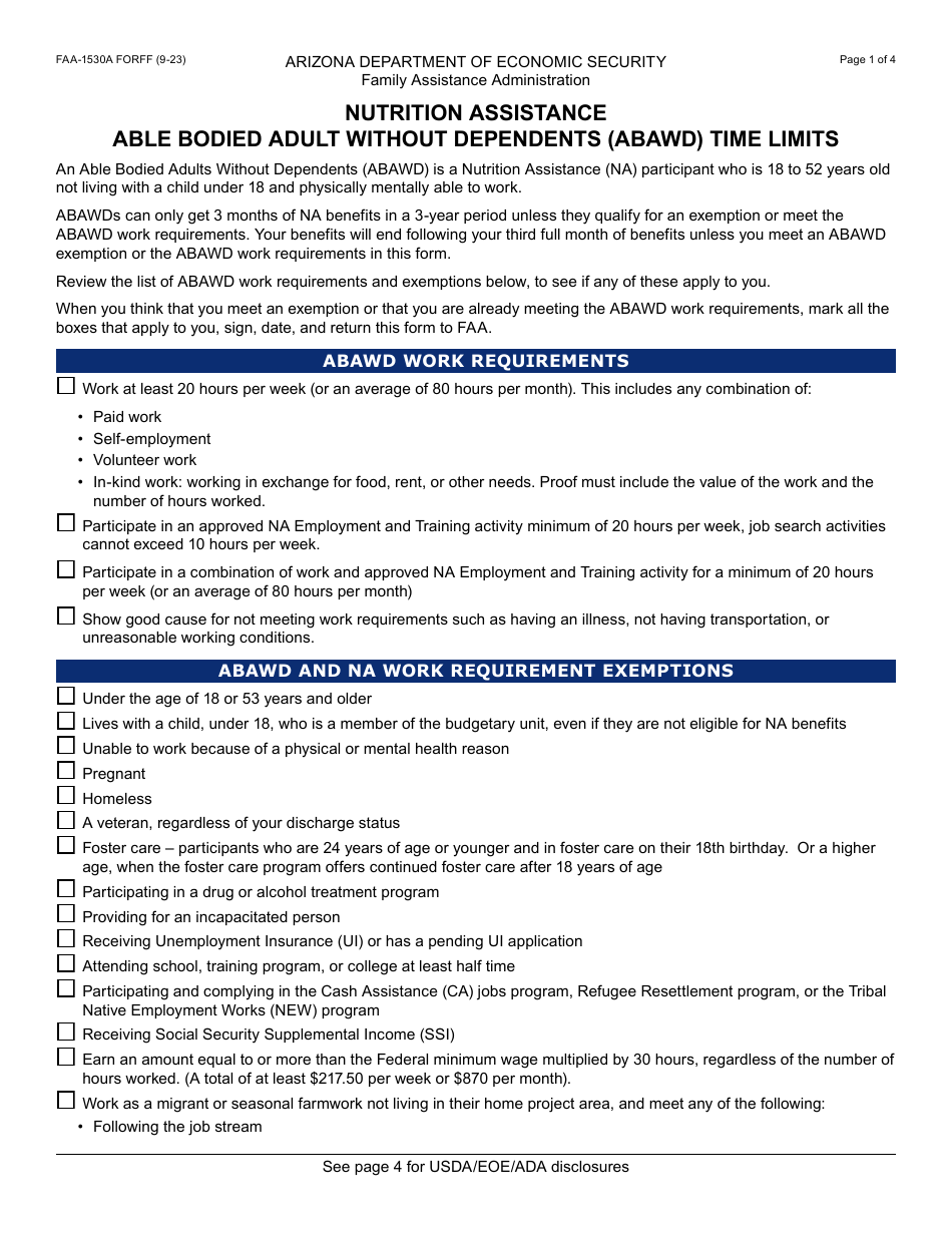 Form FAA-1530A Nutrition Assistance Able Bodied Adult Without Dependents (Abawd) Time Limits - Arizona, Page 1