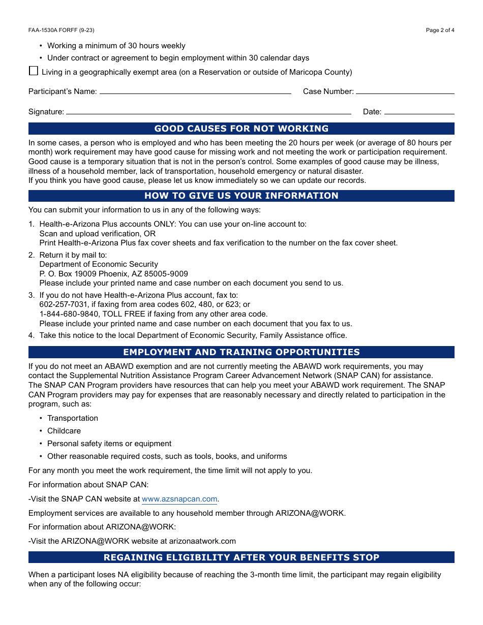 Form FAA-1530A Nutrition Assistance Able Bodied Adult Without Dependents (Abawd) Time Limits - Arizona, Page 2