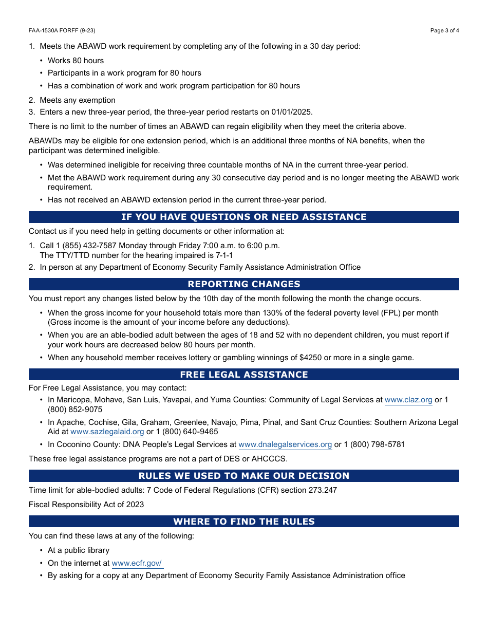 Form FAA-1530A Nutrition Assistance Able Bodied Adult Without Dependents (Abawd) Time Limits - Arizona, Page 3