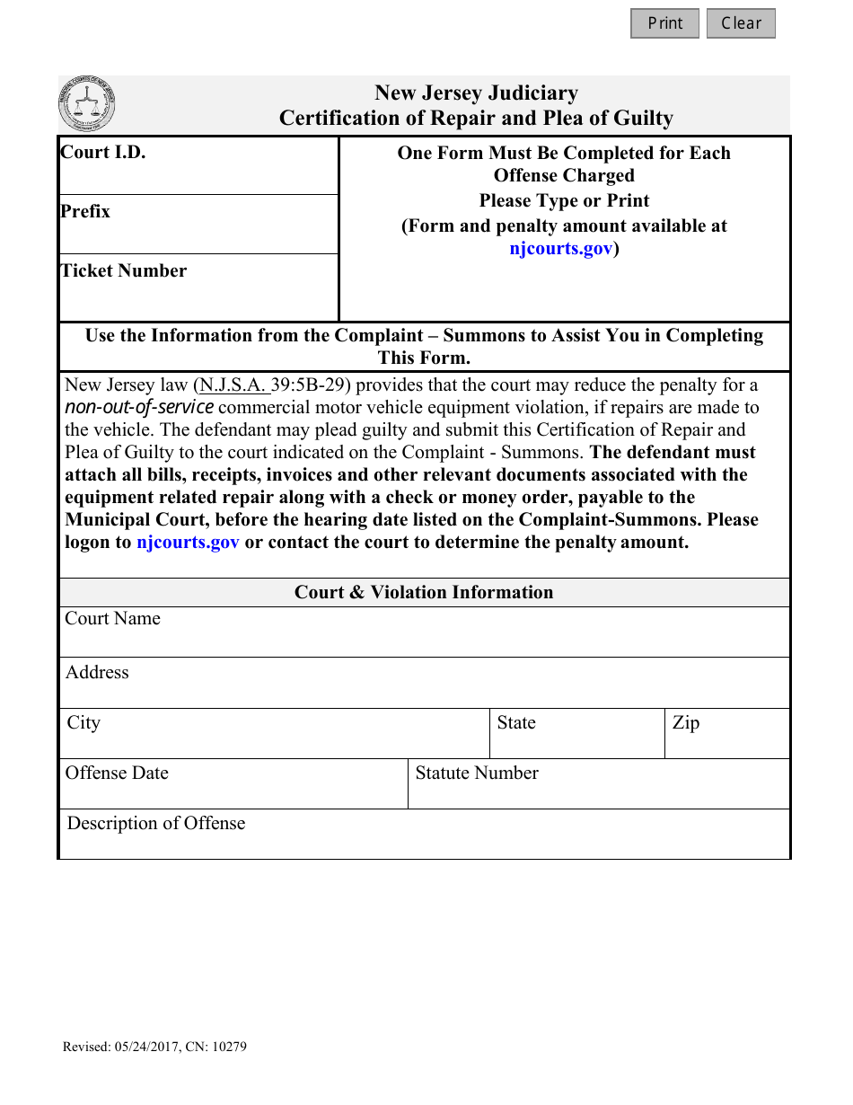 Form 10279 Certification of Repair and Plea of Guilty - New Jersey, Page 1