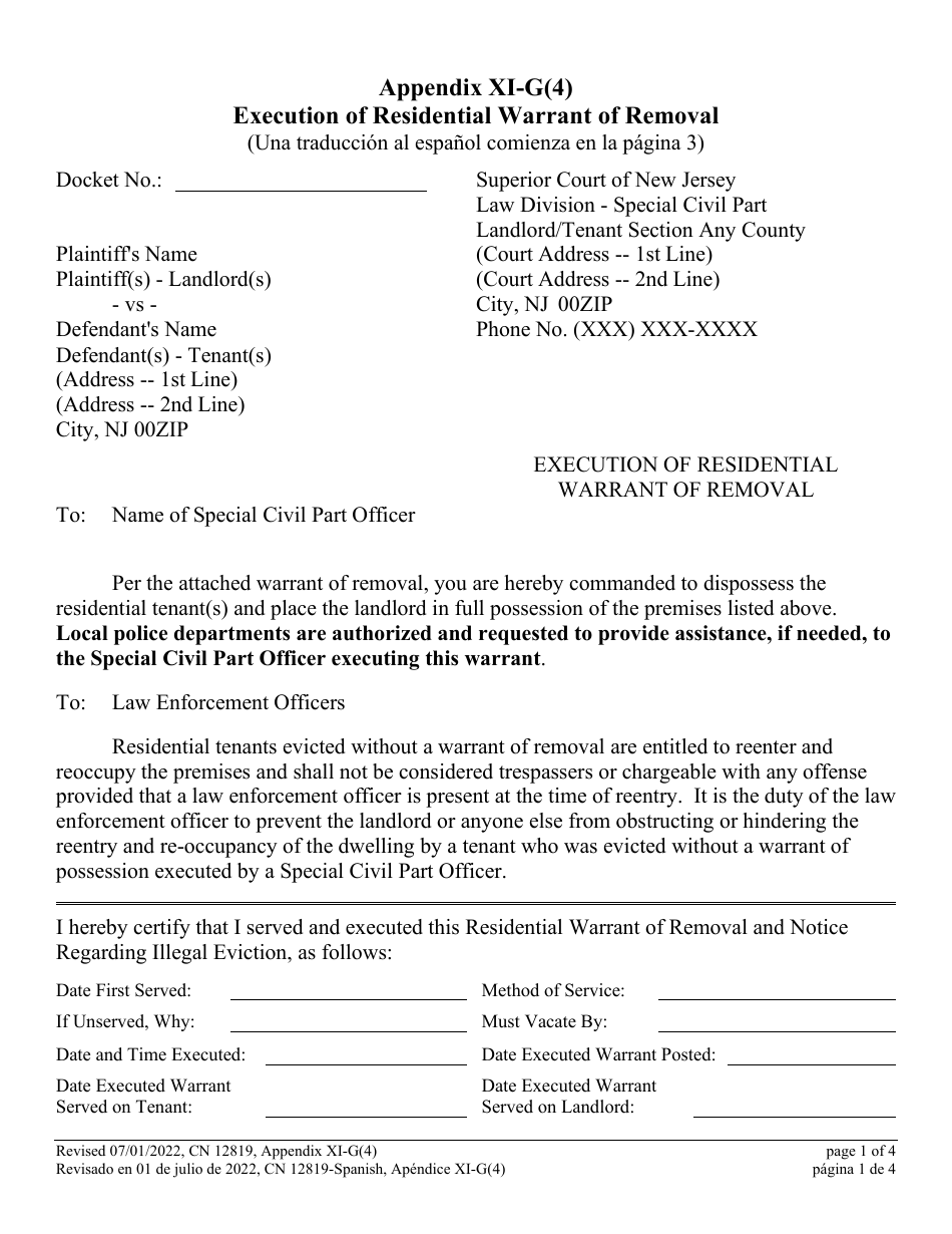 Form 12819 Appendix XI-G(4) Execution of Residential Warrant of Removal - New Jersey (English / Spanish), Page 1