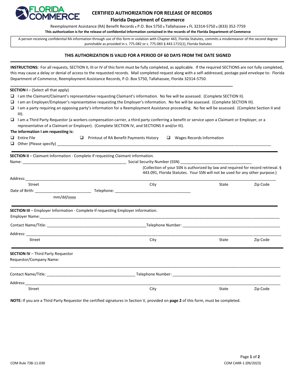 Form COM CARR-1 Certified Authorization for Release of Records - Florida, Page 1