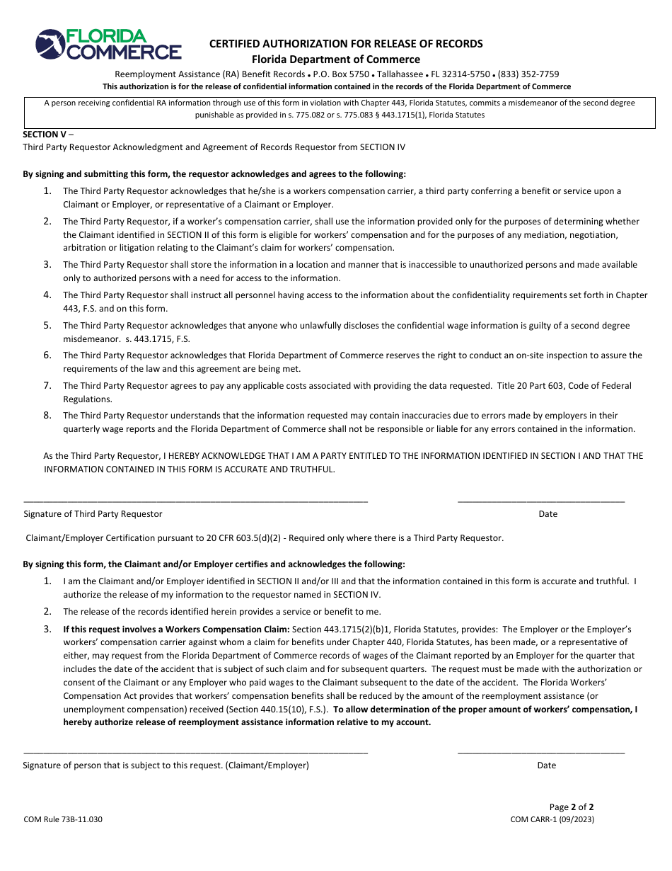 Form COM CARR-1 Certified Authorization for Release of Records - Florida, Page 2