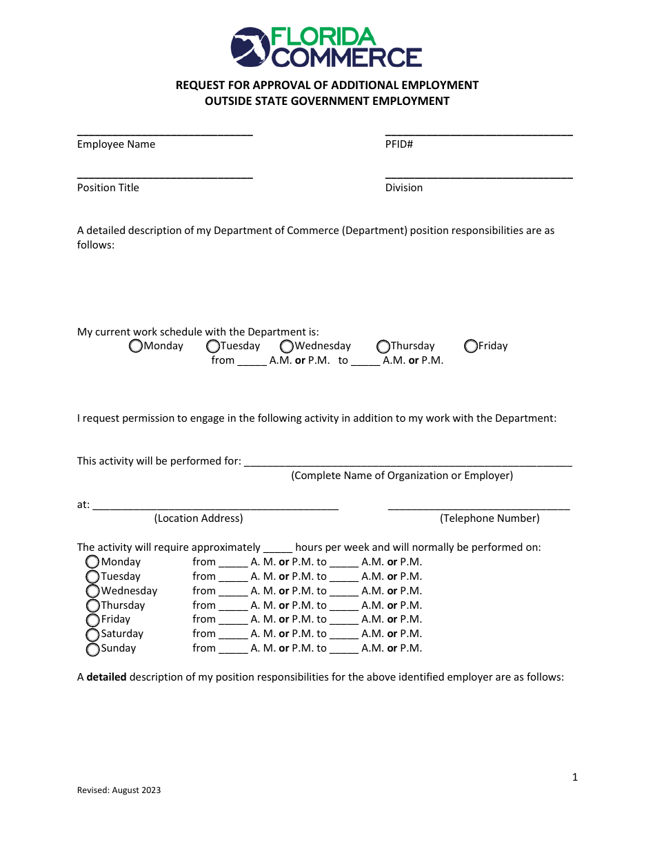 Request for Approval of Additional Employment Outside State Government Employment - Florida, Page 1