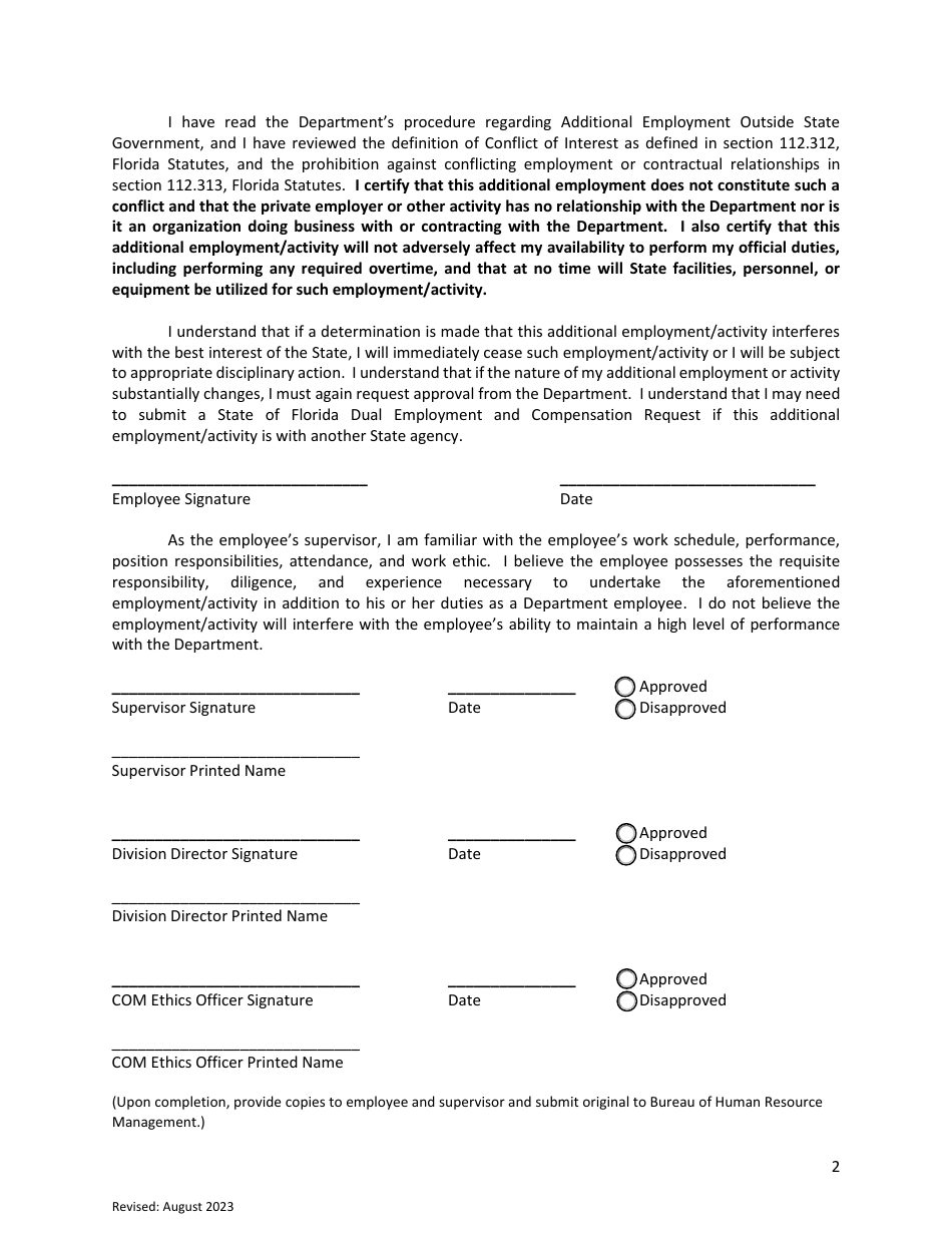 Request for Approval of Additional Employment Outside State Government Employment - Florida, Page 2