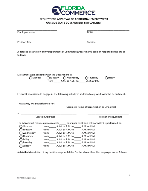 Request for Approval of Additional Employment Outside State Government Employment - Florida Download Pdf