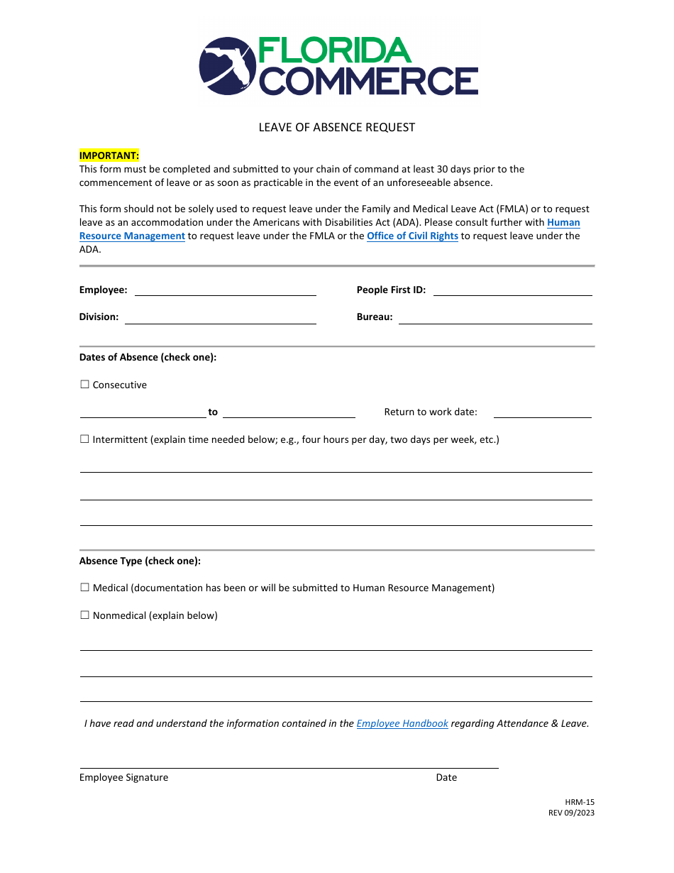 Form HRM-15 Leave of Absence Request - Florida, Page 1