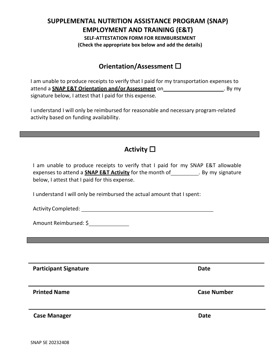Self-attestation Form for Reimbursement - Supplemental Nutrition Assistance Program (Snap) - Florida, Page 1