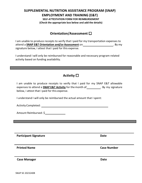 Self-attestation Form for Reimbursement - Supplemental Nutrition Assistance Program (Snap) - Florida