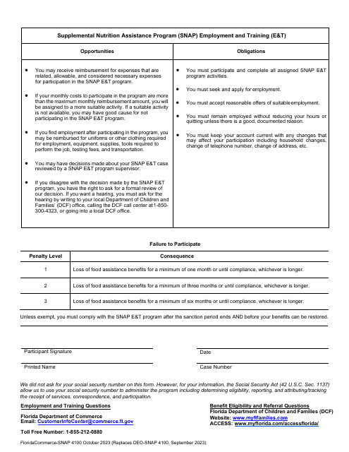 Form SNAP4100 Supplemental Nutrition Assistance Program (Snap) Employment and Training (E&t) Opportunities and Obligations Notice - Florida