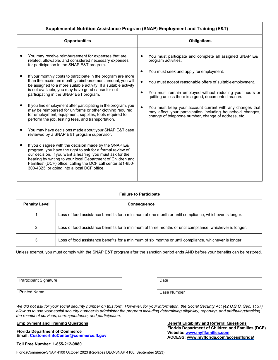Form SNAP4100 Supplemental Nutrition Assistance Program (Snap) Employment and Training (Et) Opportunities and Obligations Notice - Florida, Page 1