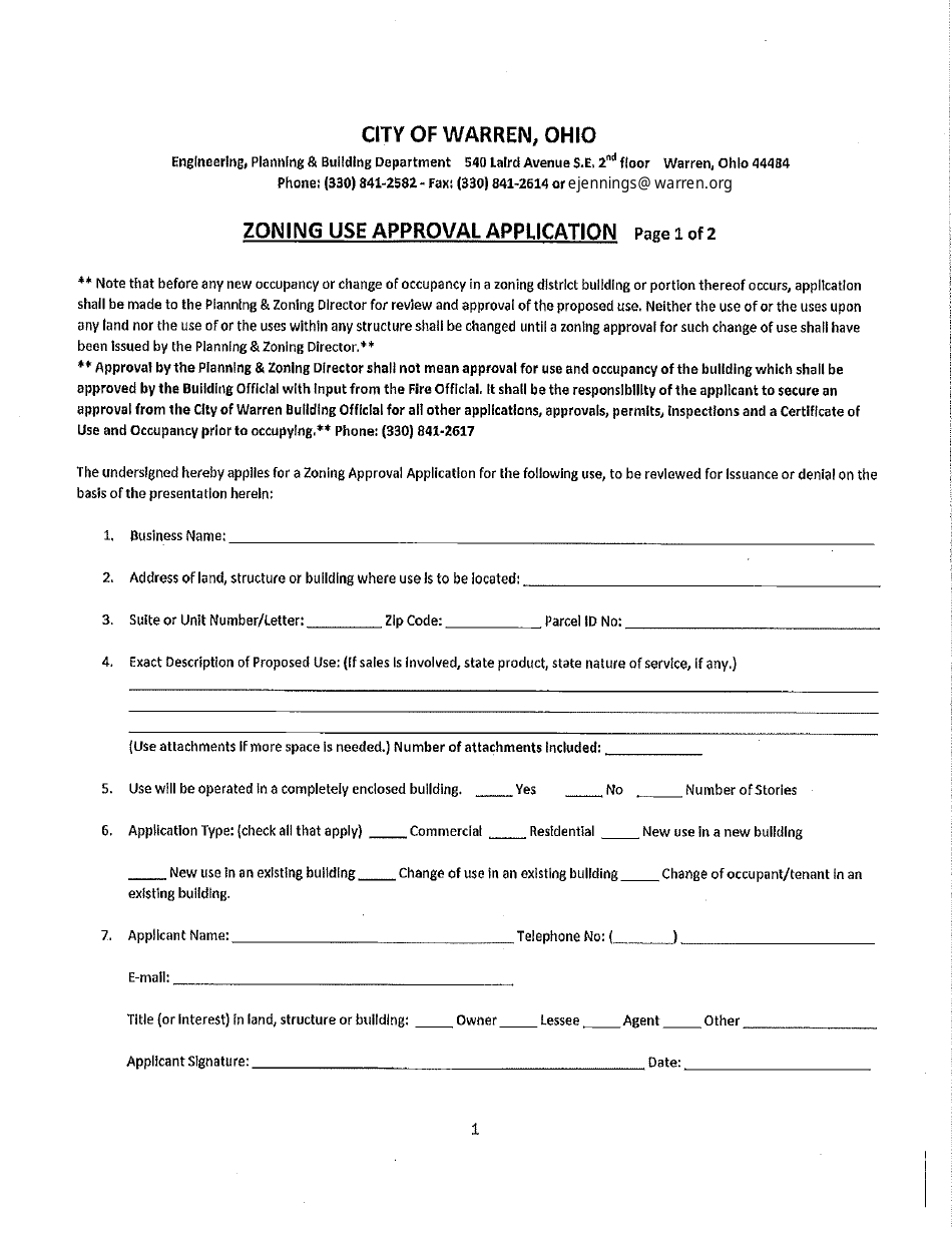 Zoning Use Approval Application - City of Warren, Ohio, Page 1