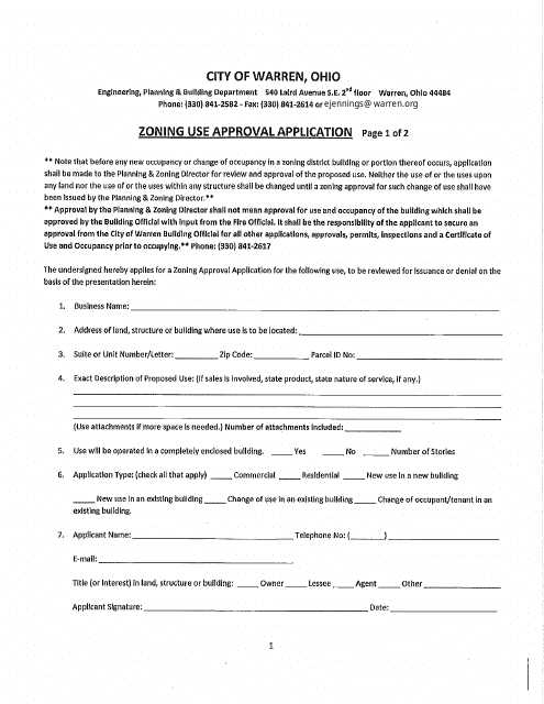 Zoning Use Approval Application - City of Warren, Ohio Download Pdf